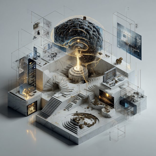 Isometric illustration centered on a glowing brain made of circuit patterns, surrounded by staircases and screens.