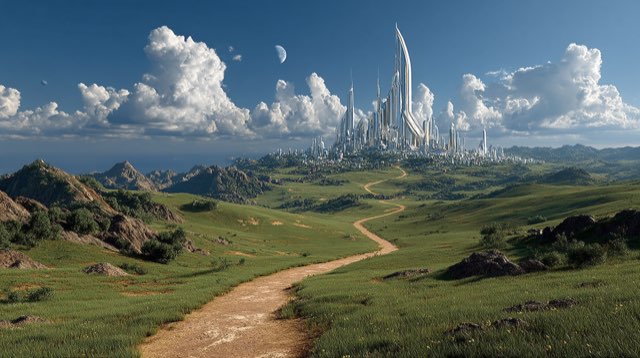 Ein Pfad führt durch grüne Hügel zu einer futuristischen Stadt am Horizont.