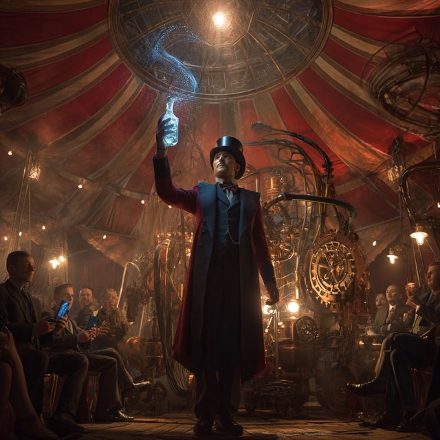 Zirkusdirektor mit leuchtender Flasche in einem Steampunk-Zirkuszelt.