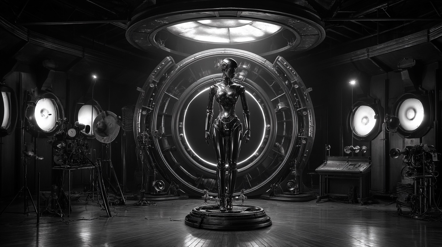 Maria, die Maschinenfrau aus Metropolis, im Sendestudio zwischen Scheinwerfern