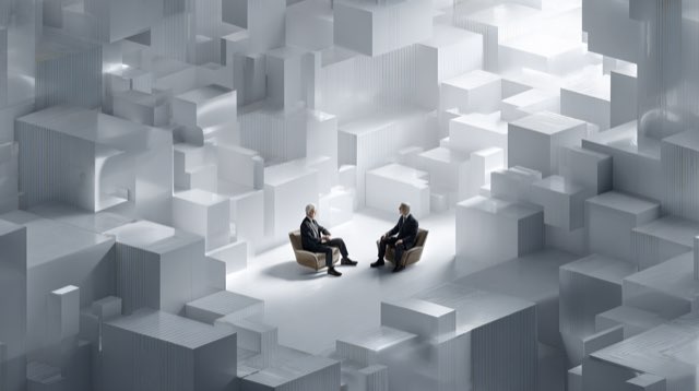 Two business professionals in suits having a focused conversation in a bright, abstract office space.