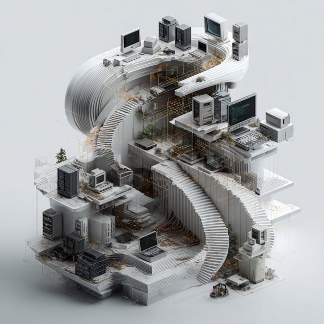 Isometric illustration of winding staircases lined with vintage computers and servers.